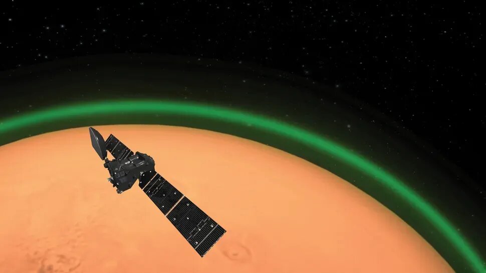    Художественный снимок орбитального аппарата ЕКА ExoMars Trace Gas Orbiter, обнаружившего зелёное свечение кислорода в марсианской атмосфере. (Изображение: ESA)