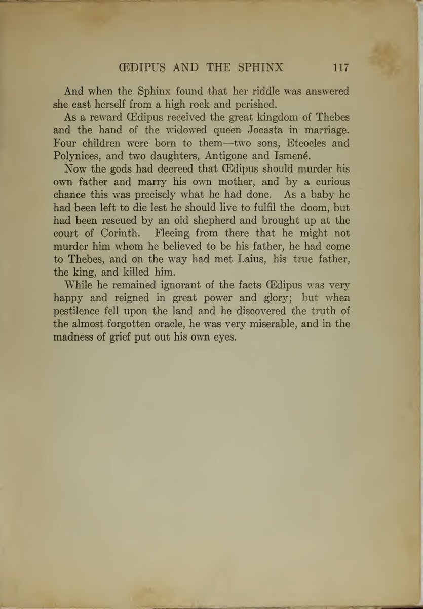 Миф об Эдипе. Эдип стоит перед Сфинксом. Страницы из Myths and Legends of All Nations by Logan Marshall