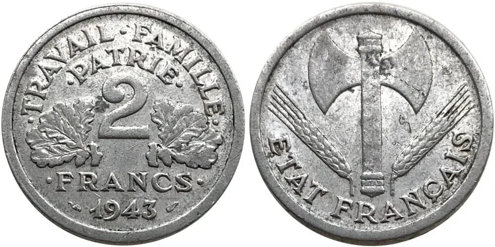 Государство Франция - 2 франка 1943 года с францисками (алюминиевый сплав)