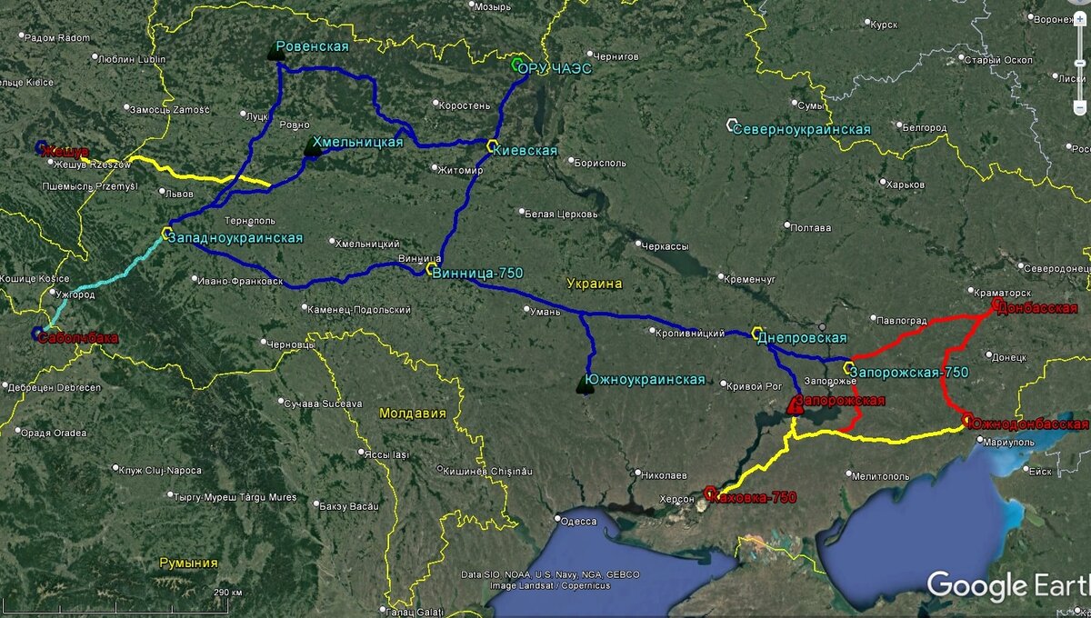 Украинская сеть 750 кВ на текущий момент. Жёлтым цветом показаны условно неработоспособные линии, красным – пересекающие линию фронта (кроме ЗАЭС - Днепровская, у которой фронт достаточно спокойный, ттт). Красными значками показаны неработающие или предположительно неработающие энергообъекты, жёлтым – работающие с ограничениями, белым – ПС 750 кВ/РП 330 кВ Североукраинская