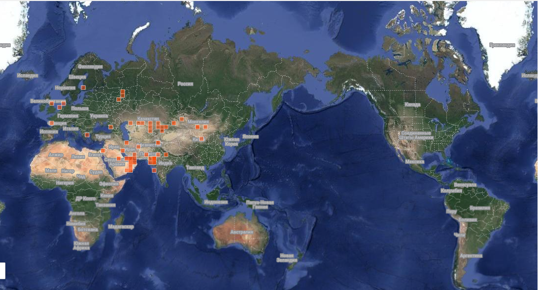 Скрин карты наблюдений пустынной славки с iNaturalist