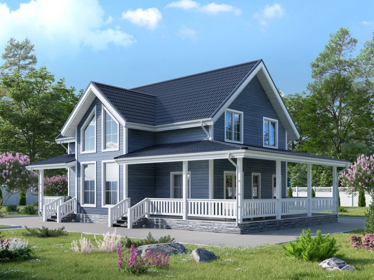 Каркасный двухэтажный дом Нева с террасой и панорамными окнами