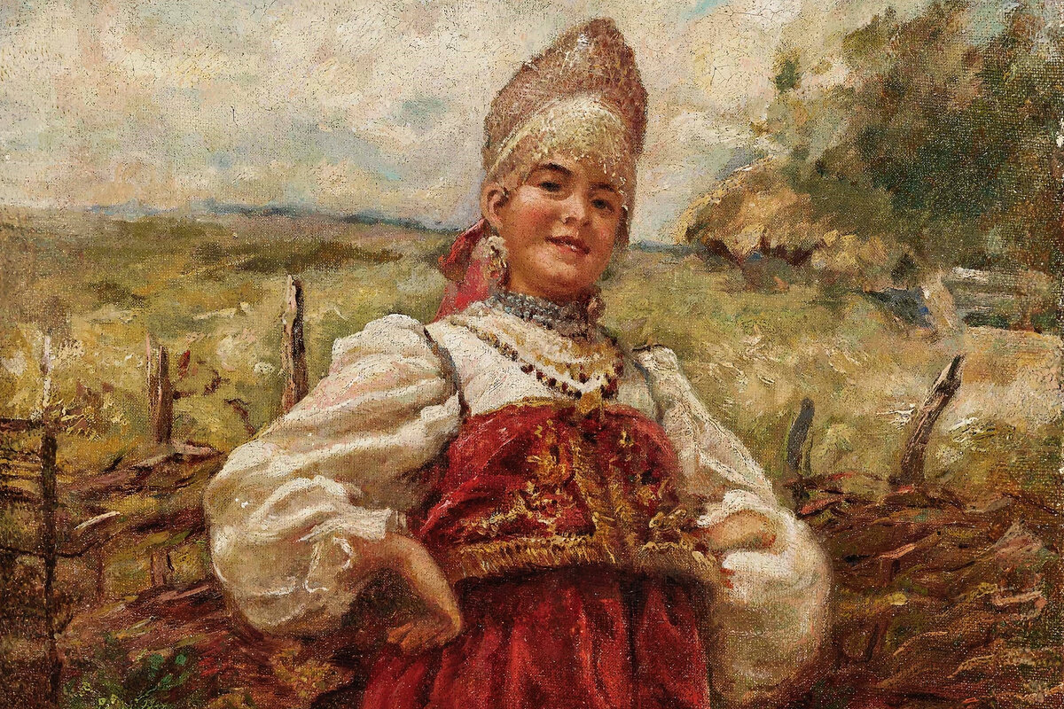 Фрагмент картины «У околицы», Константин Егорович Маковский, 1885 год.