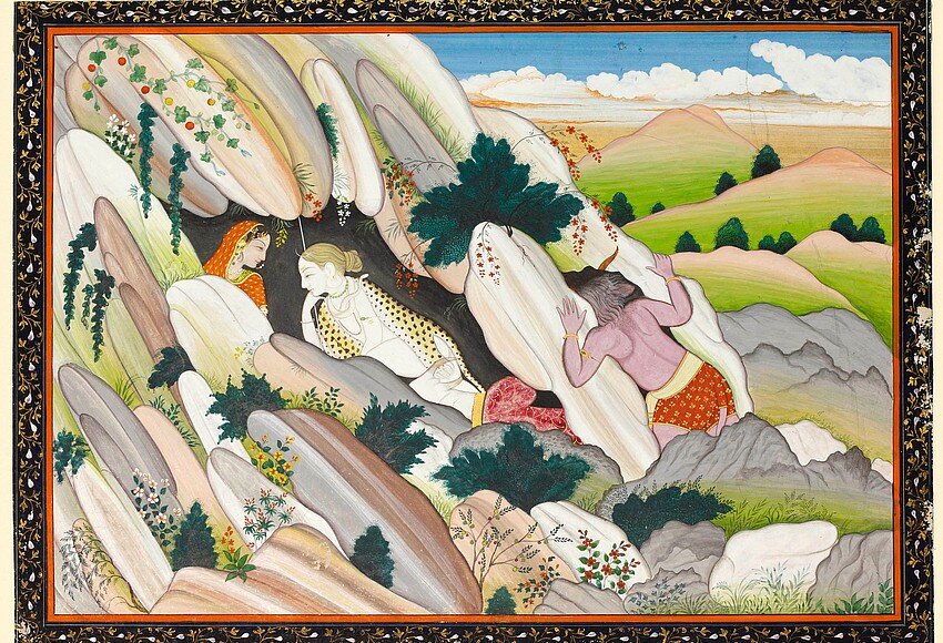 Демон Андхака наблюдает за Шивой и Парвати, акварель XIX века. Изображение: Your Observer