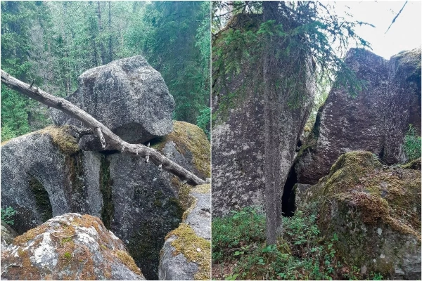 Высота палеосейсмодислокации составляет не менее пяти метров. 
Справа: отодвинутый от основной породы блок