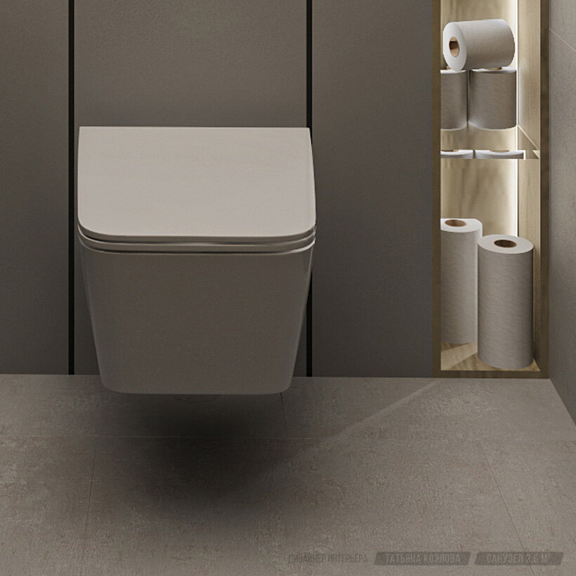Навесной унитаз, встроенные полки с подсветкой в интерьере санузла 