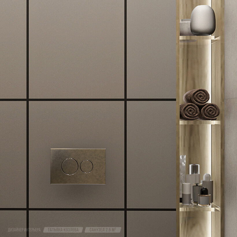 Встроенные полки с подсветкой в стене для инсталляции унитаза в интерьере санузла