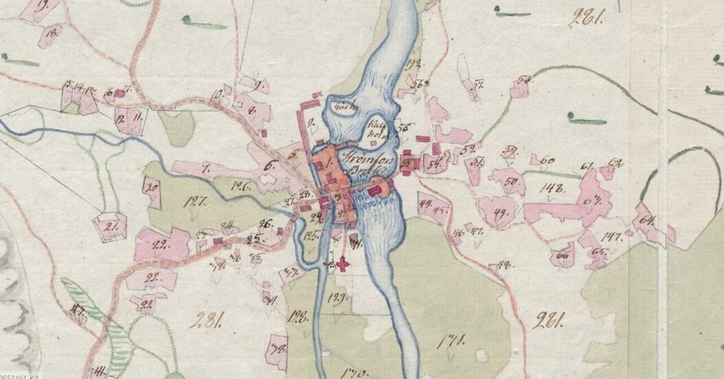 Карта Стремфорса 1802 года. В то время на металлургическом заводе были только прутковый молоток и кузница, обозначенные номером 2 на карте
