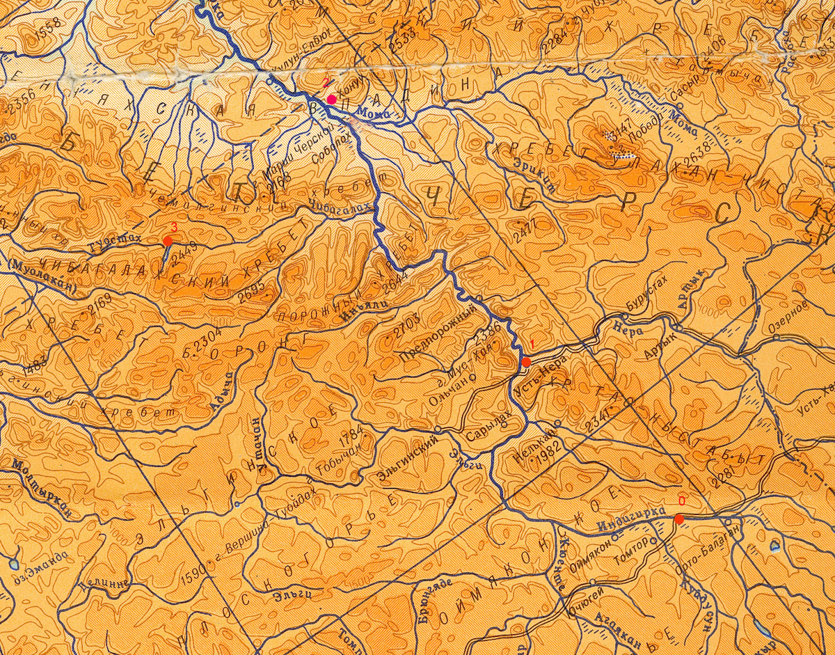 Этапы экспедиции. 0-1.Река Индигирка от Томтора до Усть-Неры. 1-2.Река Индигирка от Усть-Неры до Хонуу. 2-3.В неизведанные края. Хребет Черского.