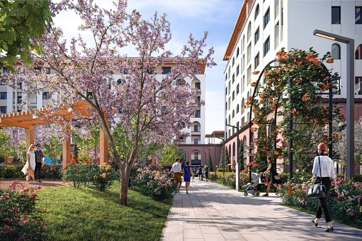 Архитектура фасадов и придомовая территория ЖК Долина Роз