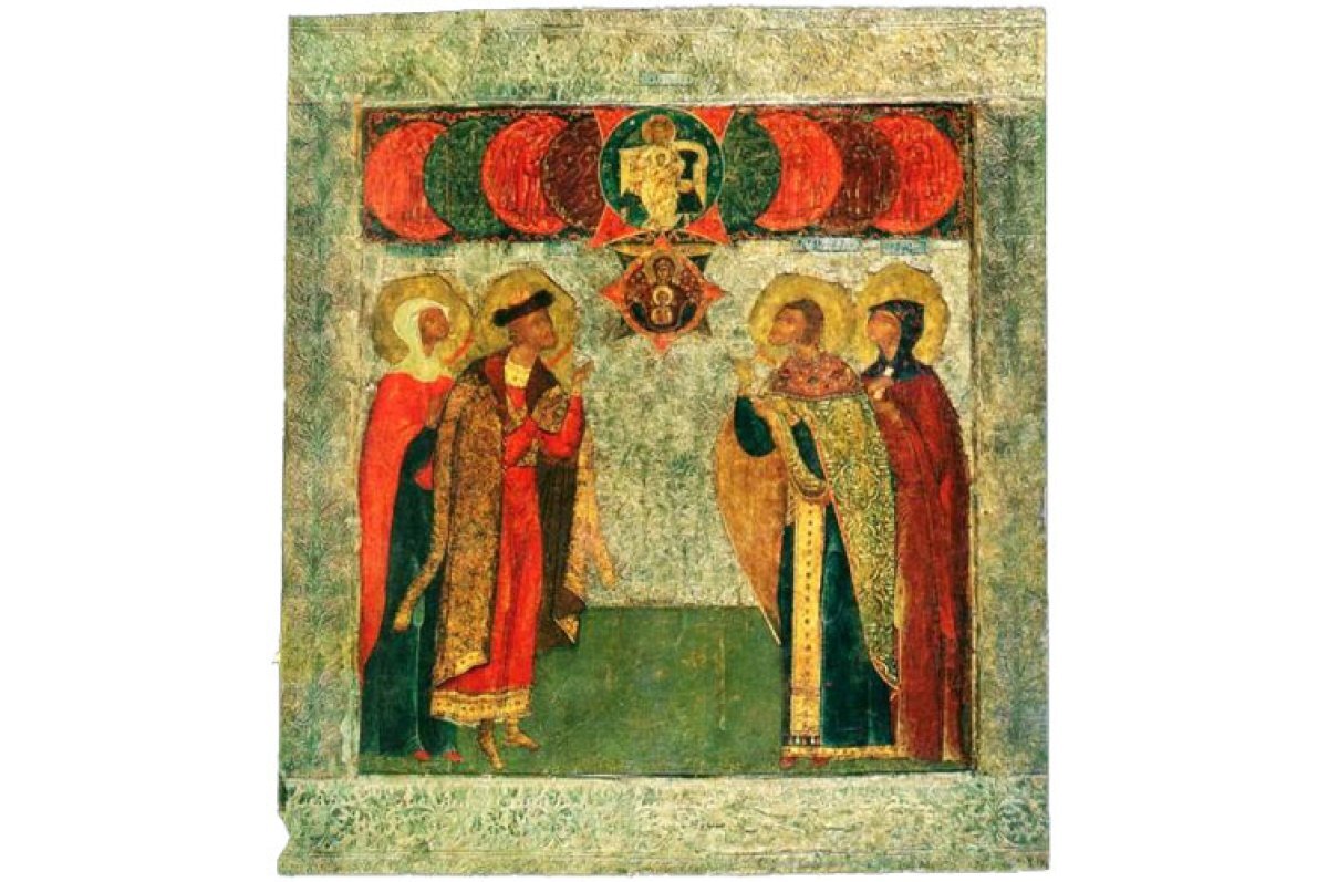    Семейная икона Годуновых: свв. Феодот Анкирский, князья Борис и Глеб (Борис Годунов), Ксения Римляныня (Ксения Годунова), Мария Магдалина (Мария Годунова), Прокопий Чирин (?), кон. XVI — нач. XVII в., ГТГ