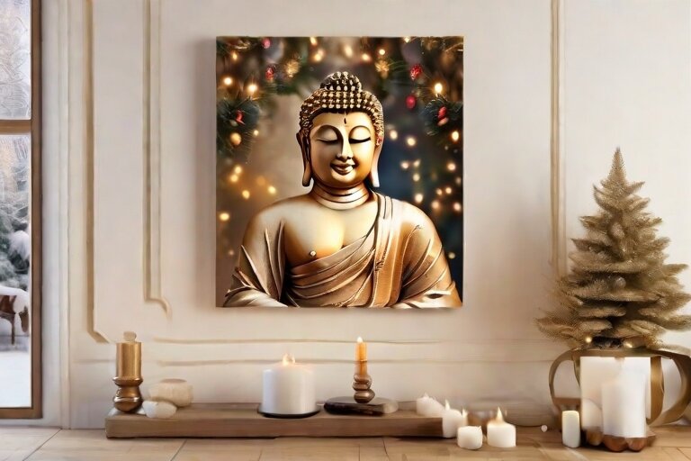 картина с изображением Будды висит над камином в ретритном центре