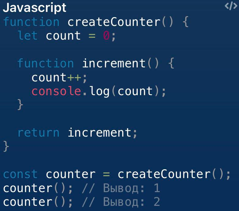 Пример замыкания с переменной-счётчиком вызовов counter 