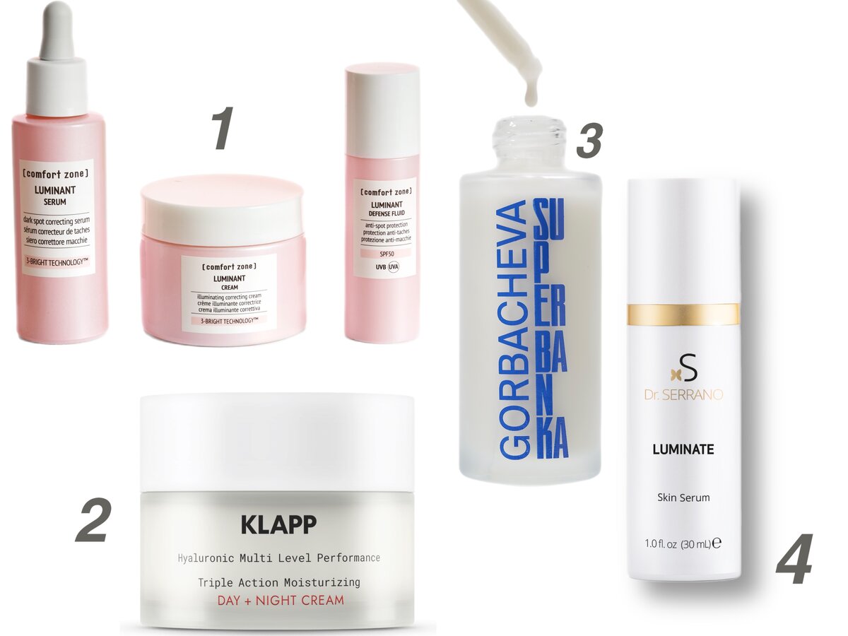     Сыворотка, крем и флюид Luminant, [comfort zone]; Увлажняющий крем Balance Day + Night, KLAPP; Увлажняющая сыворотка Gorbacheva Hip Hop Chick, SUPERBANKA; Сыворотка для сияния кожи Luminate, Sesderma Dr. SERRANO