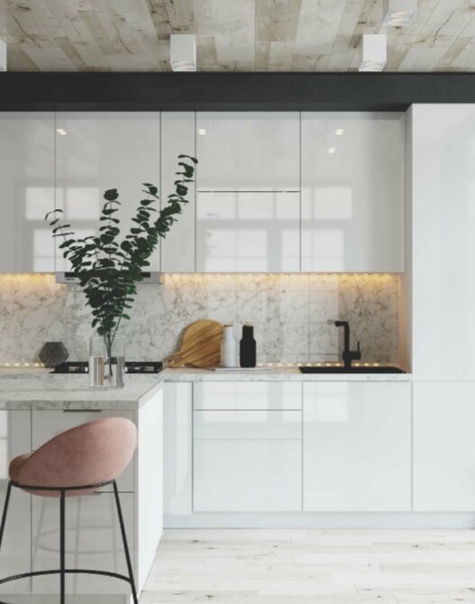 Проект кухни в цвете Норд с фасадами Акрилит и открыванием Push to open /нажатием