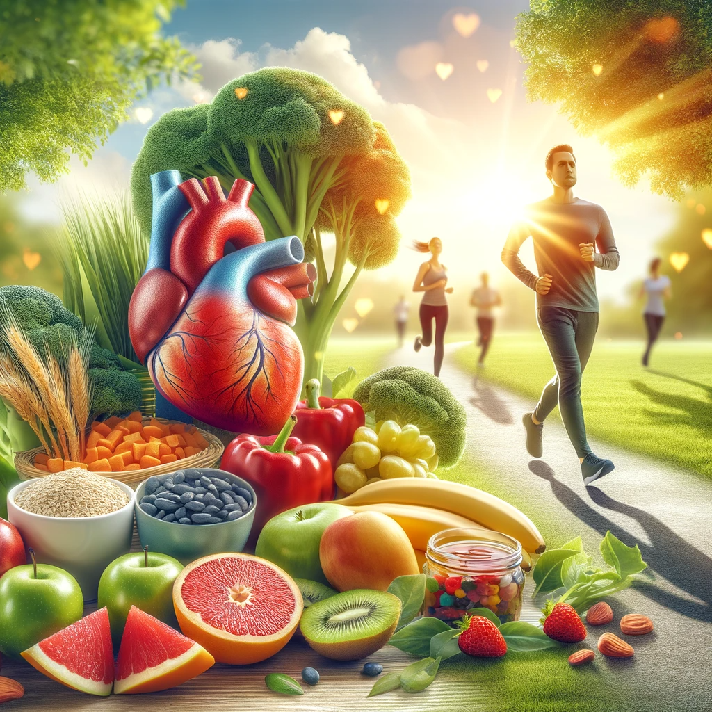 Здоровый образ жизни для сердца, включая человека, занимающегося физическими упражнениями на открытом воздухе, а также разнообразие продуктов, полезных для сердца, таких как фрукты, овощи и цельнозерновые продукты.