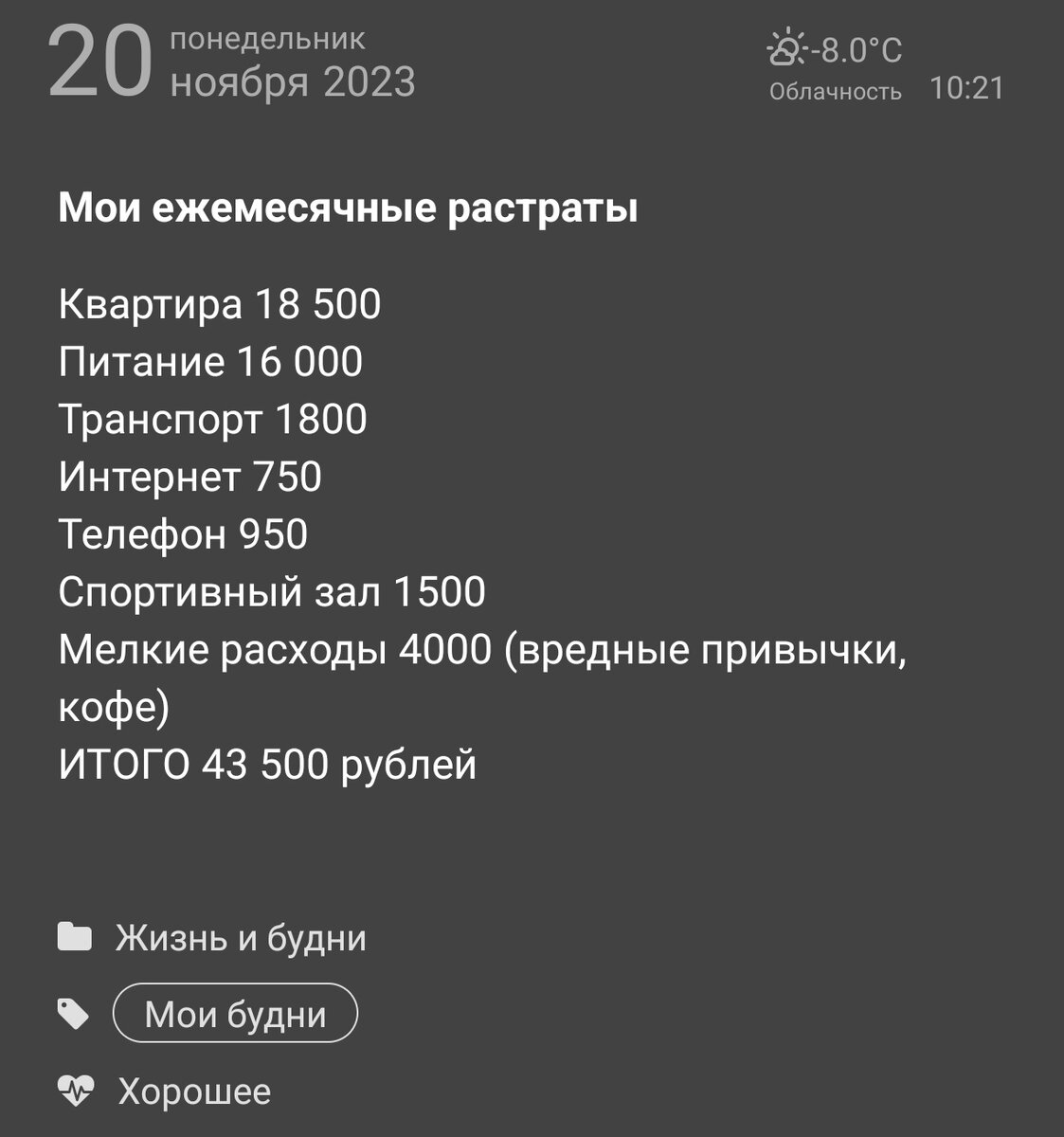 Пример расчётов основных расходов.