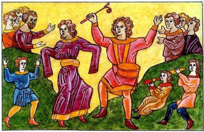 Пляска языческих скоморохов. Миниатюра древнерусской летописи