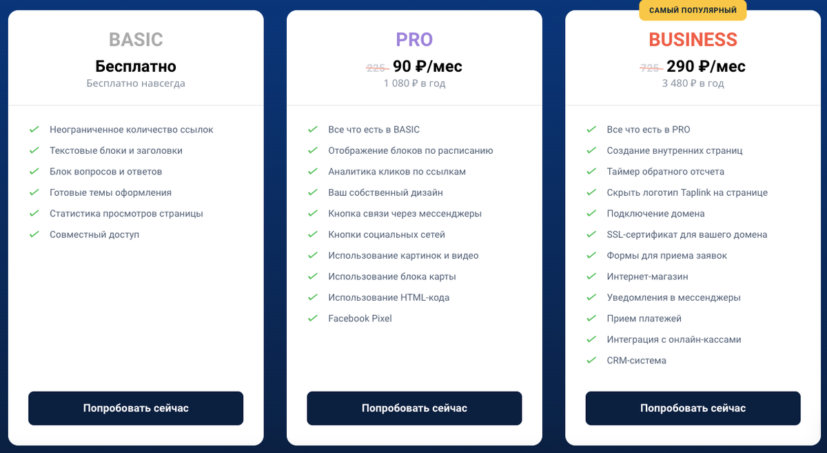 Тарифная сетка Taplink