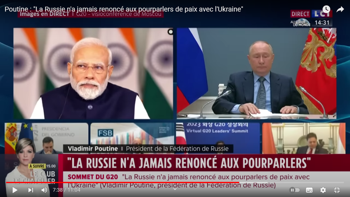 Фрагмент прямой трансляции выступления президента РФ на LCI. Скриншот из передачи с канала LCI в YouTube.