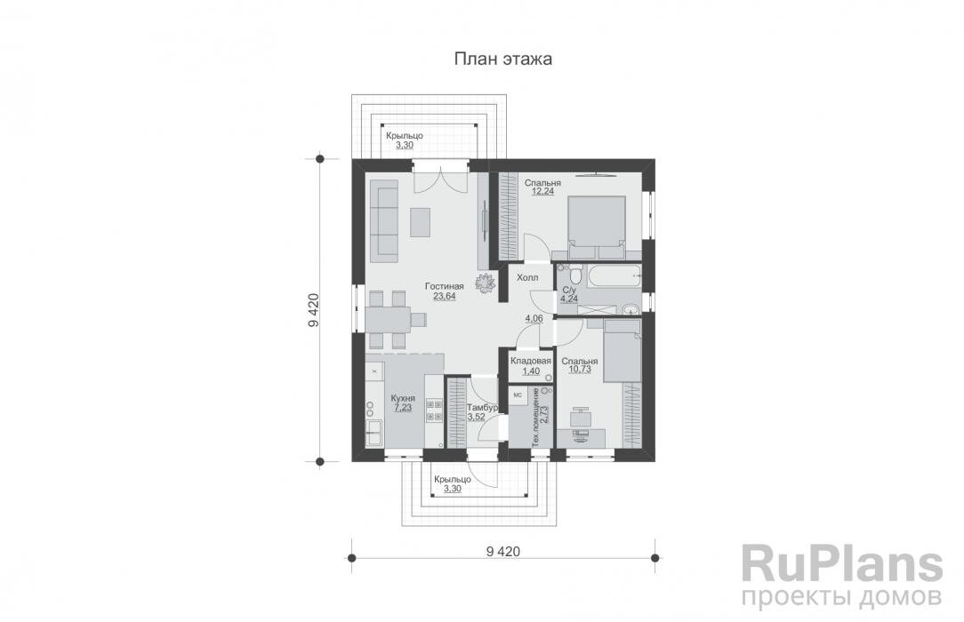 Одноэтажный дом с двумя спальнями с размерами здания 9,42 х 9,42 м. Фундамент – ленточный монолитный ж/б с подошвой Наружные стены – газобетонные блоки с отделкой штукатуркой. Внутренние стены – газобетонный блок. Перегородки – газобетонный блок. Пол этажа - пол по монолитной плите. Чердачное перекрытие - деревянные балки с теплошумоизоляцией в межбалочном пространстве. Крыша четырехскатная. Кровля – металлочерепица. Окна — металлопластиковые.