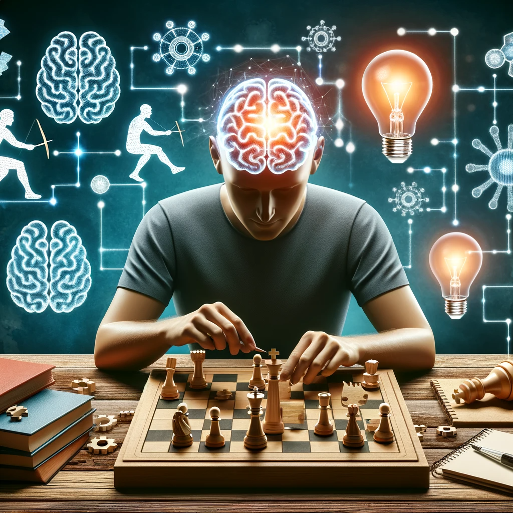 Изображение, иллюстрирующее концепцию биохакинга мозга, показывающее человека, занимающегося умственной деятельностью, например, решением головоломок или игрой в шахматы, окруженного символами активности мозга и повышения когнитивных способностей.