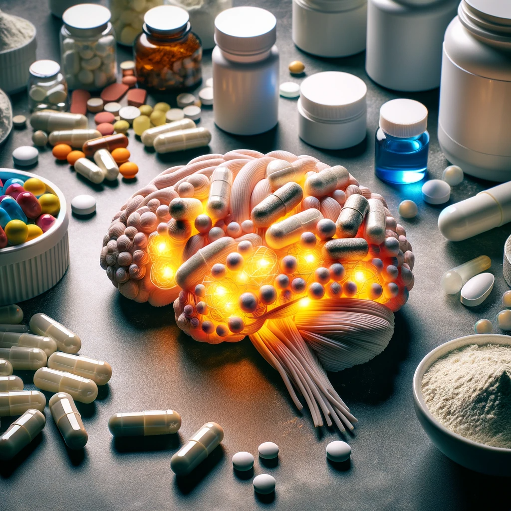 Творческое изображение, показывающее различные ноотропные добавки, обычно используемые в биохакинге мозга, включая капсулы, таблетки и порошки.