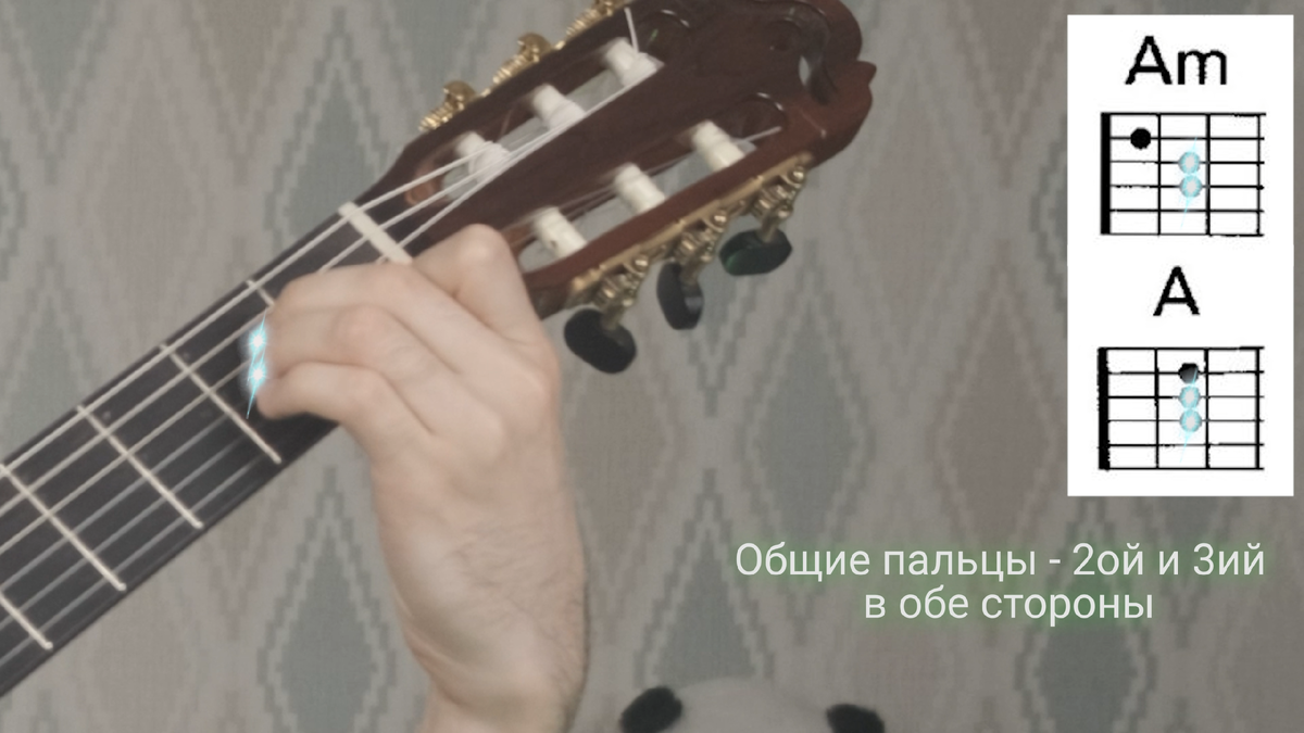 Связка аккордов "Am" - "A" через общие пальцы: 2ой и 3ий в обе стороны.