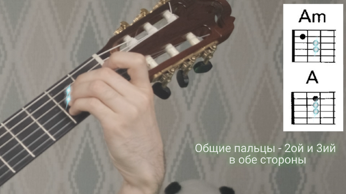 Связка аккордов "Am" - "A" через общие пальцы: 2ой и 3ий в обе стороны. 