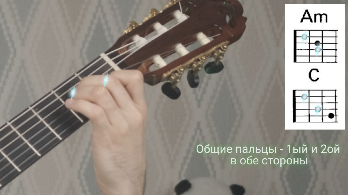 Связка аккордов "Am" - "С" через общие пальцы: 1ый и 2ой в обе стороны.