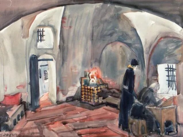 КОНСТАНТИН ЮОН. КЕЛЬЯ ПИМЕНА (ФРАГМЕНТ). ЭСКИЗ ДЕКОРАЦИИ К ОПЕРЕ МОДЕСТА МУСОРГСКОГО «БОРИС ГОДУНОВ». ТЕАТР ЕЛИСЕЙСКИХ ПОЛЕЙ, ПАРИЖ, ФРАНЦИЯ. ОКОЛО 1913. ГОСУДАРСТВЕННЫЙ ЦЕНТРАЛЬНЫЙ ТЕАТРАЛЬНЫЙ МУЗЕЙ ИМ. А.А. БАХРУШИНА, МОСКВА 