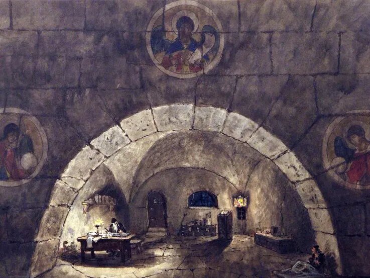 АЛЕКСАНДР БЕНУА. КЕЛЬЯ ПИМЕНА (ФРАГМЕНТ). ЭСКИЗ ДЕКОРАЦИИ К ОПЕРЕ МОДЕСТА МУСОРГСКОГО «БОРИС ГОДУНОВ» (НЕОСУЩЕСТВЛЕННАЯ ПОСТАНОВКА). 1943. САНКТ-ПЕТЕРБУРГСКИЙ ГОСУДАРСТВЕННЫЙ МУЗЕЙ ТЕАТРАЛЬНОГО И МУЗЫКАЛЬНОГО ИСКУССТВА, САНКТ-ПЕТЕРБУРГ 