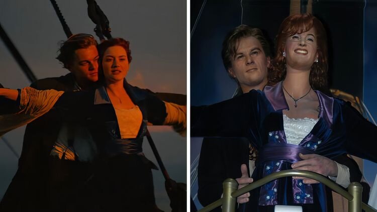 Источник: https://youtu.be/9KQm_7Lpt5E + https://www.gettyimages.in/detail/news-photo/leonardo-di-caprio-kate-winslet-kinofilm-titanic-wax-museum-news-photo/181000404