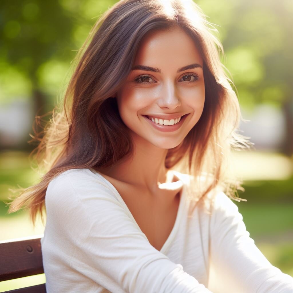 Профессиональное фото: счастливая девушка отдыхает на скамейке в парке летним солнечным днем.