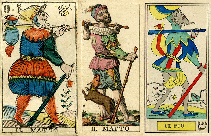 Карта Таро Il Matto (справа французский "дурак"). Картинка с tarotwheel. 