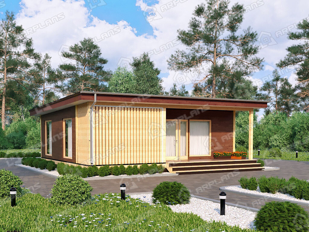 Фото 2 одноэтажного дома с односкатной (плоской) крышей. Источник arplans.ru Проект И-075 