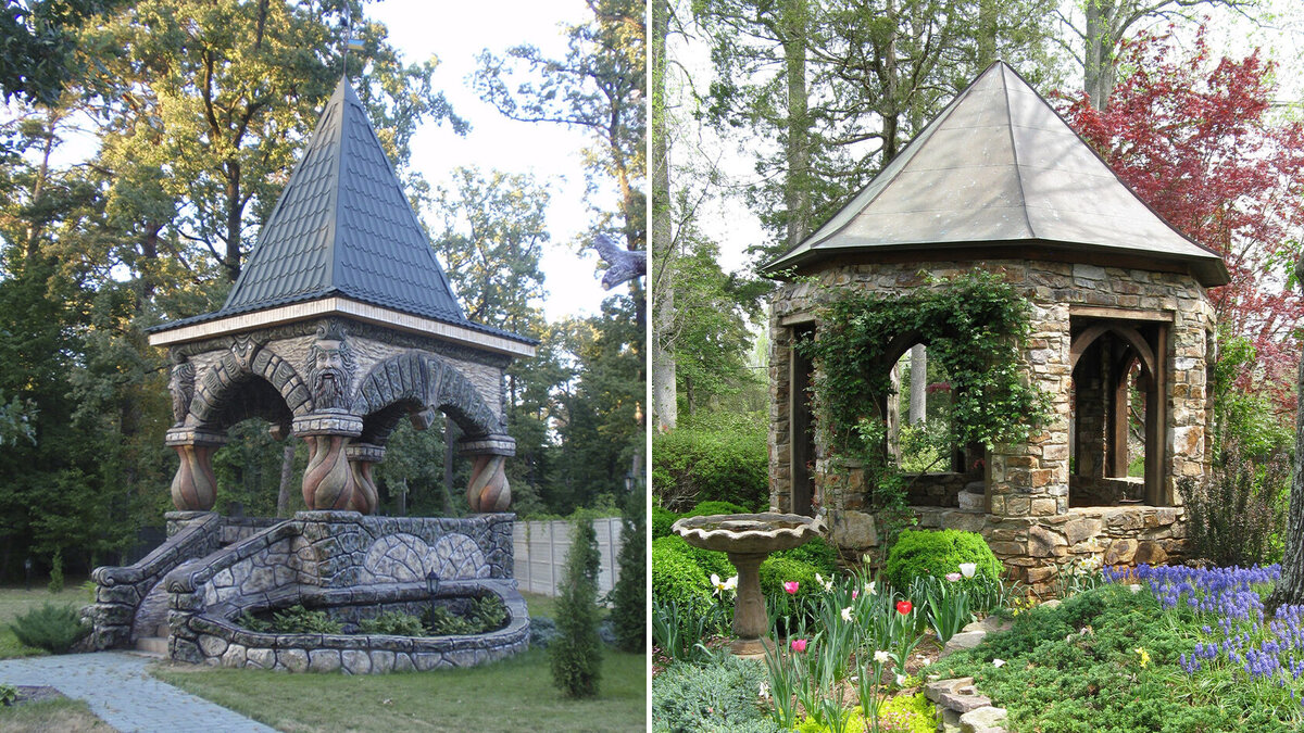 Беседки в "европейском" стиле с декоративной каменной кладкой из арт бетона