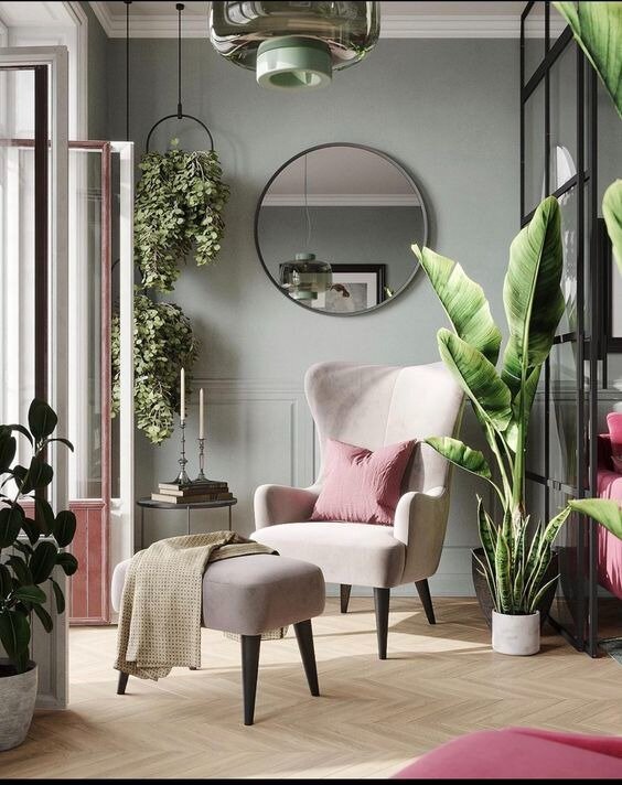 Кресло с банкеткой и обилие комнатных цветов