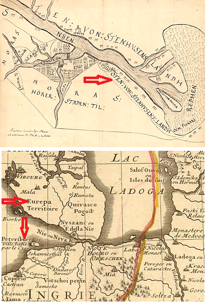 Вверху - карта Ниена 1643-го года. Стрелкой показано обозначение старых каменных зданий. Внизу - французская карта явно до 1703-го года, поскольку Петербург указан предположительно на острове Котлин (на месте будущего Кронштадта). Стрелка указывает и на дислокацию конгломерата Петрополиса, обозначенную "Европейской территорией".