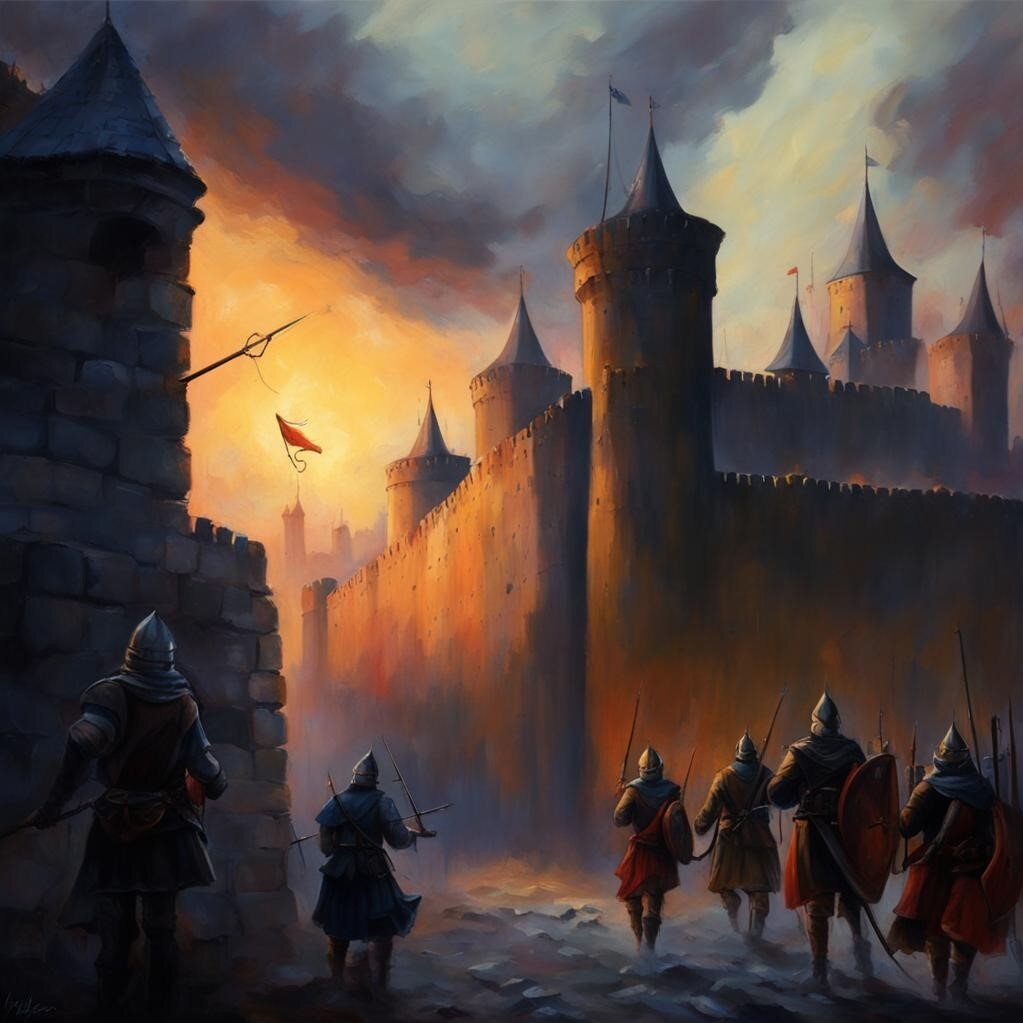 Осада города. Пики. Копья. Холст. Масло. Картинка создана нейросетью.