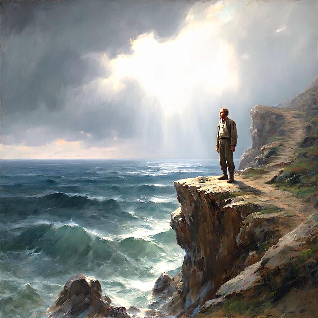 Если человек пойдёт по тропинке от обрыва, то начнёт удаляться от тёмного неба и приближаться к свету. 