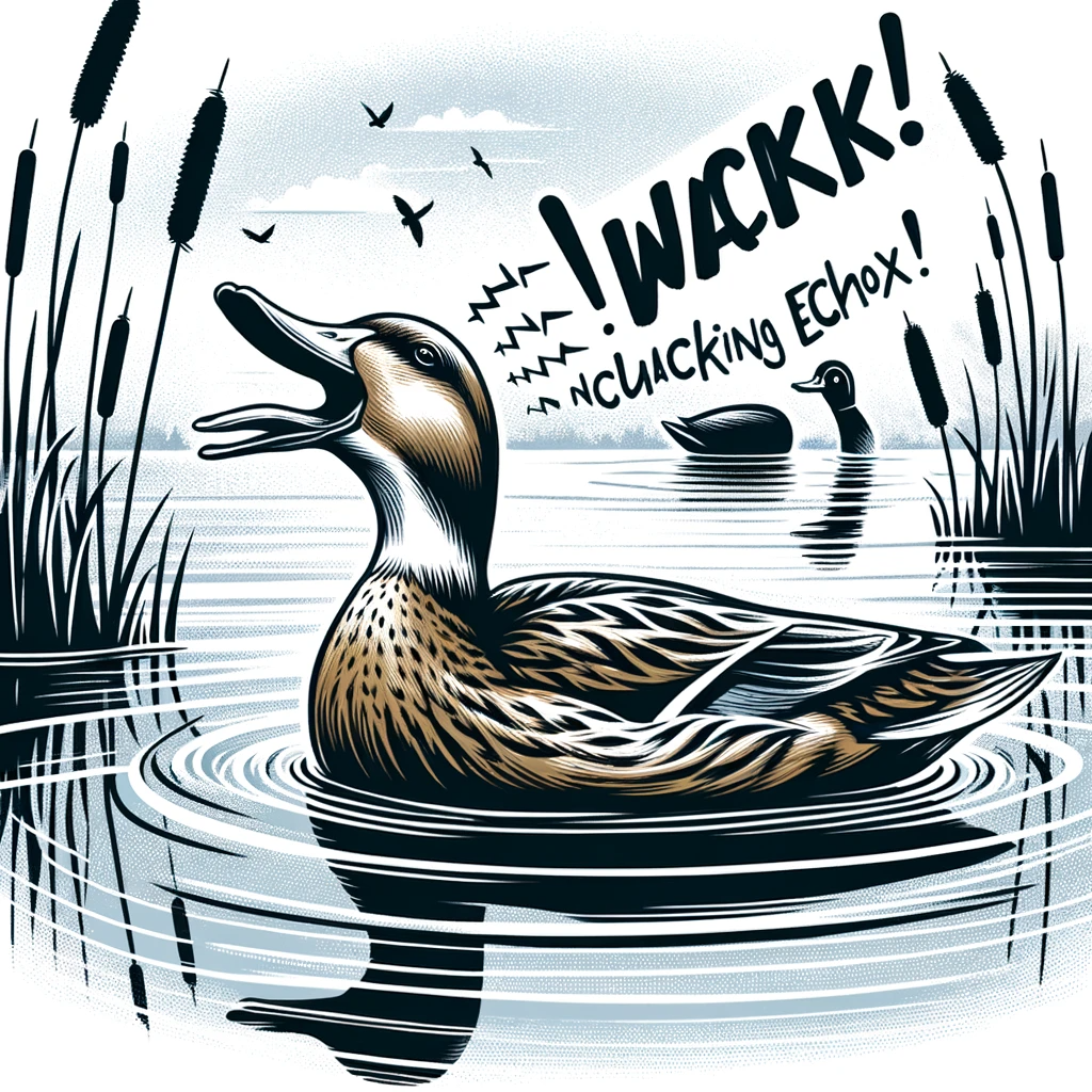 Иллюстрация утки, крякающей в спокойной обстановке пруда, с акцентом на отсутствие визуального представления эха, подчеркивающая необычное акустическое явление кряканья утки.