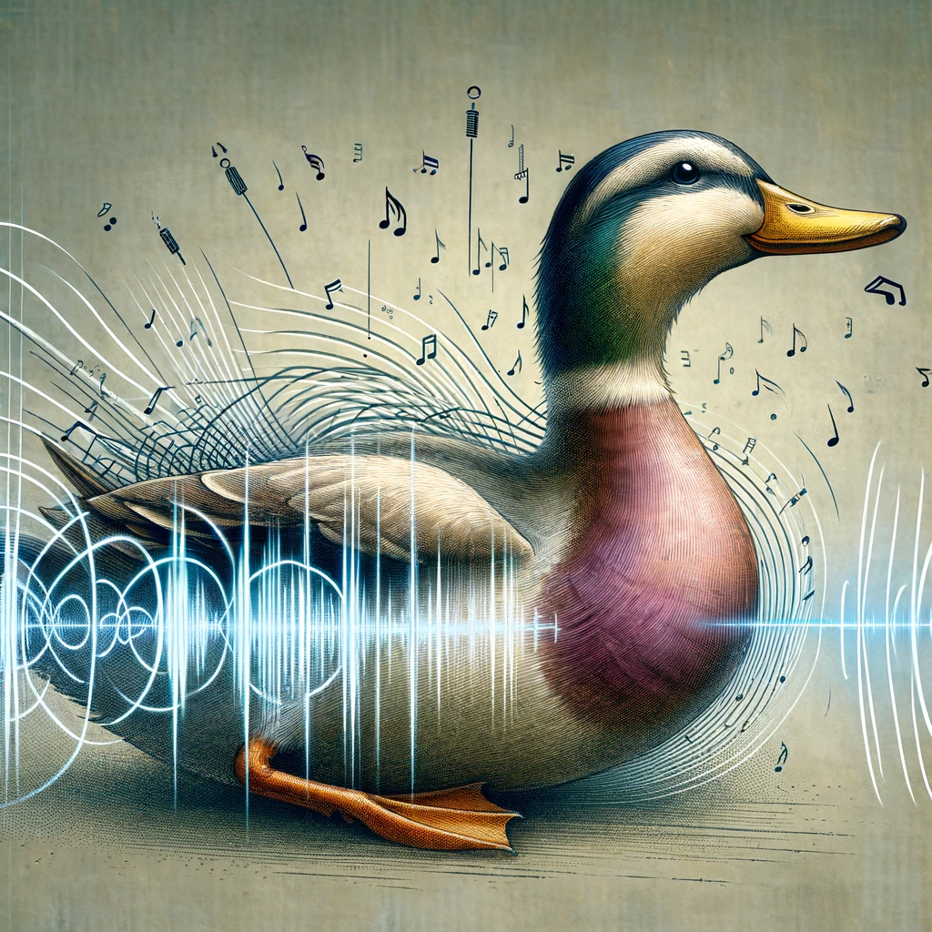 Изображение утки во время кряканья, с элементами, представляющими уникальные звуковые волны или частоты, исходящие от утки, подчеркивающие особенности звука кряканья.