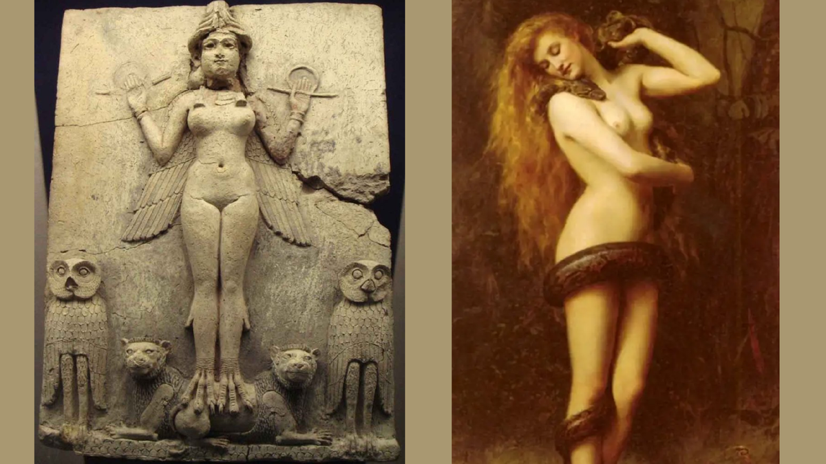 Шумерская Лилит выглядела примерно, как крылатая богиня (справа). Ученые до сих пор спорят, богиня она или демон? Слева - полотно художника Джона Кольера "Лилит"