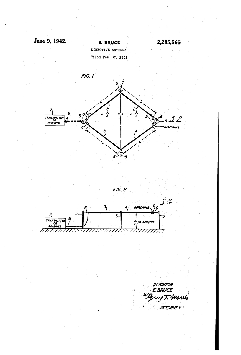 Рисунок 2. Переоформленный патент на ромбическую антенну. Изображение размещено в интернете по адресу: https://patents.google.com/patent/US2285565?oq=rhombic++513%2C063