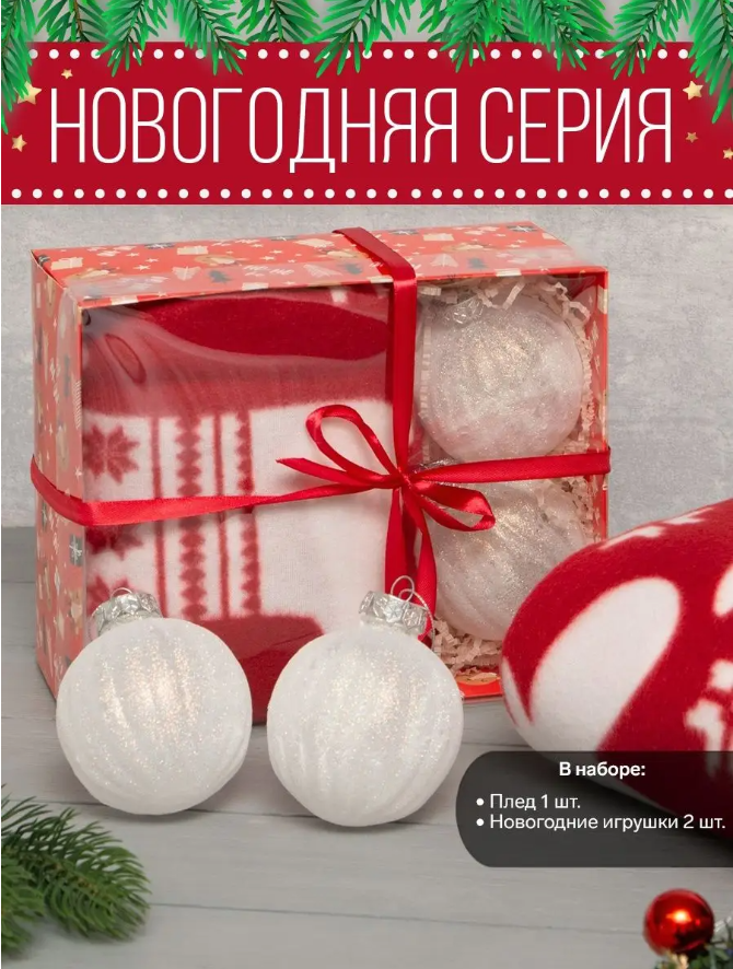 Подарочный набор: плед и 2 новогодних шара. 