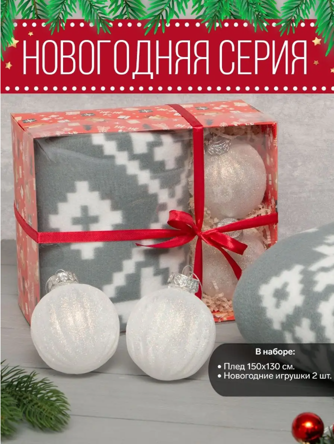 Подарочный набор: плед и 2 новогодних шара. 
