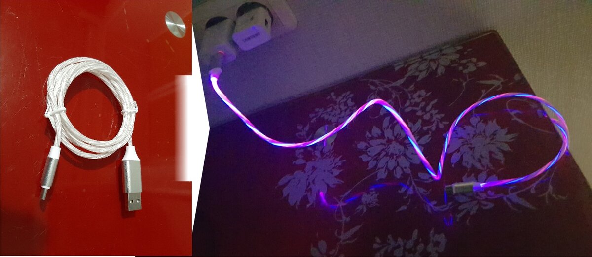 На витрине в FixPrice было несколько расцветок такого USB кабеля c подсветкой. Цвета кабеля были такие: синий, розовый, белый, зелёный.