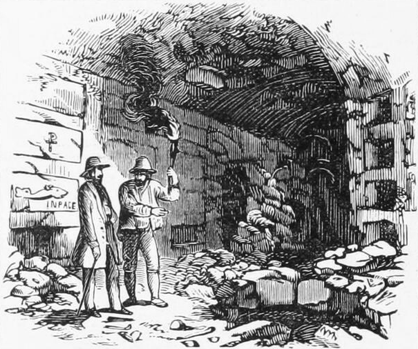 Исследователи в катакомбах (иллюстрация к «Истории Рима» М. Янг, 1880). Открытый источник