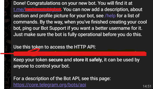 я закрасил API своего бота потому что, это конфиденциальная информация, которую никому нельзя сообщать если вы не хотите конечно чтоб посторонние могли управлять вашим ботом.